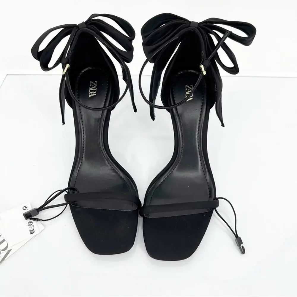 NWT ZARA Heeled Sandals with Maxi Bow Women's Size 6.5 Black Coquette - Picture 2 of 8